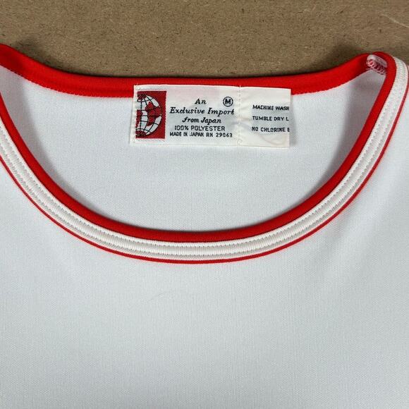 Vintage 70s Japan Import White Red Trim Belted Polyester Top Blouse Mod Disco M - Picture 3 of 7